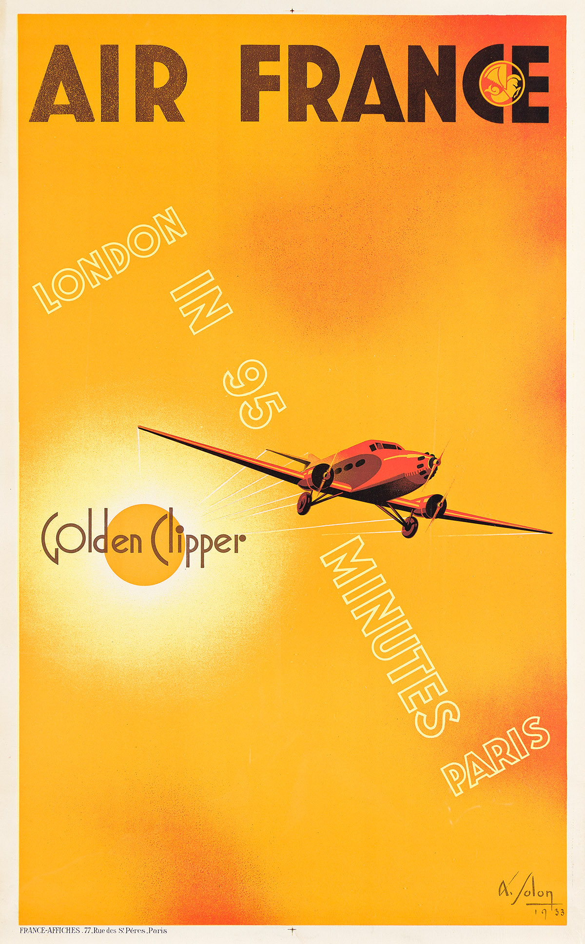 ALBERT SOLON (1897-1973).  AIR FRANCE / GOLDEN CLIPPER. 1933. 39½x24½ inches, 100¼x62¼ cm. France-Affiches, Paris.